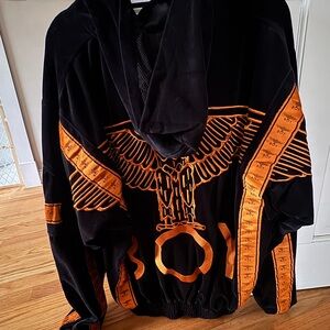 Black & Orange Embroidered Zipper Hooded Jacket